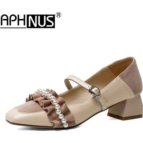 APHNUS Womens mid heels Pumps beading rhinestone ruffles Woman 2020 Shoes For Women New