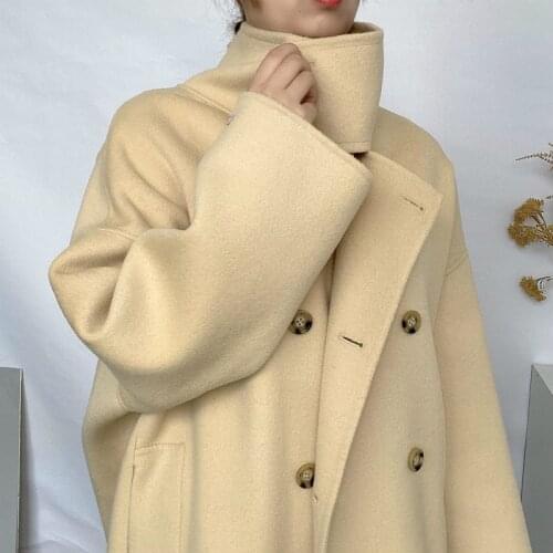 Winter 2021 Korean Long Double Breasted Simple Loose Free Size Handmade Black 100% Wool Coat Women Casual Woolen Overcoat