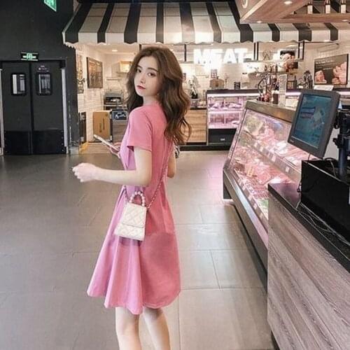 Dress Female 2021 Summer New All-match Round Neck Short-sleeved Mid-length Dress Solid Color Waist Slim Female Skirt
