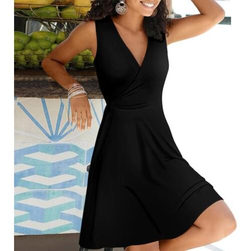 4# Solid Color Tank Dress Women Casual Sleeveless V-neck Cross Dress Elegant Dresses For Women 2021 Black Dress Vestido De Mujer