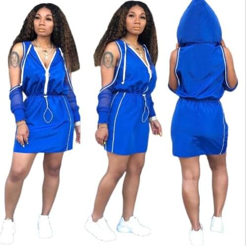 Sheer Mesh Patchwork Sexy Mini Dress Summer Women Orange Long Sleeve Hooded Bandage Dress Casual Blue Off Shoulder Zip Up Dress