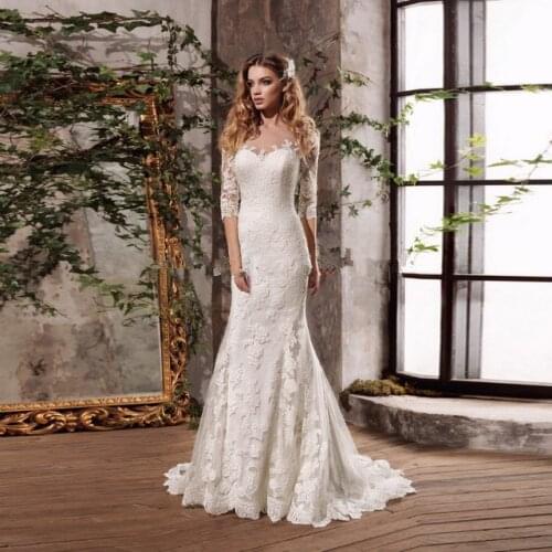 Vestidos de noivas Illusion Backless Mermaid Bridal Dresses 2017 China Wedding Dresses Lace vestido de noiva sereia com manga