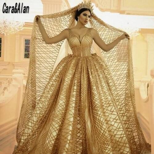 Arabic Dubai Gold Wedding Dresses with Veil Sequin Bridal Gowns Sweep Train vestido de fiesta de boda aliexpress france