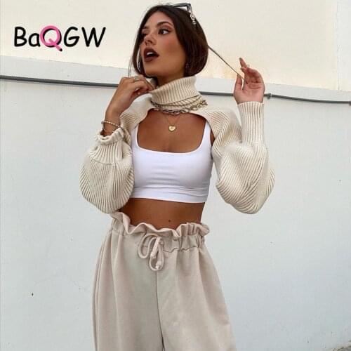 BaQGW Women Knitted Top Arm Warmers High Neck Long Sleeves Sweater Casual Stylish Sweater Femme Vetement Ropa Mujer 7 Colors