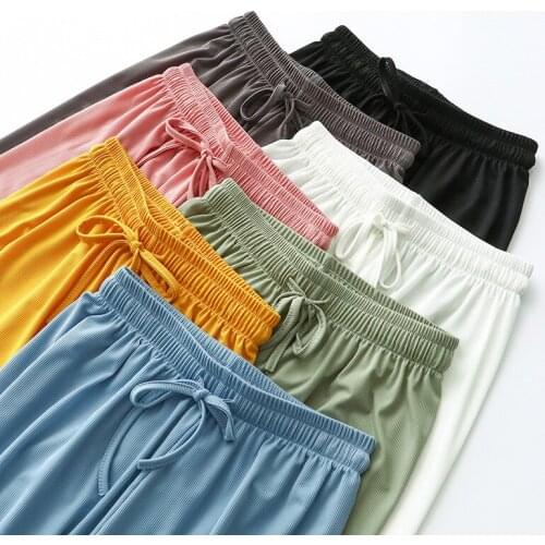 2021 Summer Women Fashion Solid Sportwear Elastic Waist Ice Silk Pants Casual Thin Soft Comfort Ankle-Length Long Trousers