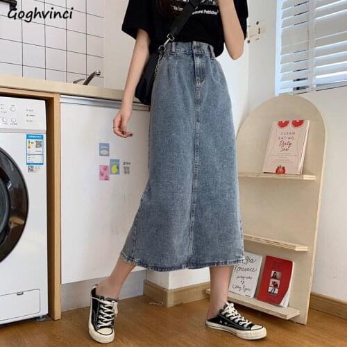 Denim Skirts Women Retro High-waist Back-split Students All-match A-line Medium-long Chic Simple Fashion Washed Korean Ins Daily