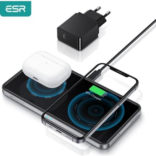 ESR 2-in-1 Magnetic for Airpods Pro iPhone 12 HaloLock Magnetic Wireless Charger Charging Station for iPhone 12 Pro Max AirPods