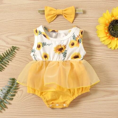 Newborn Baby Girl Casual Sleeveless Romper Mesh Stitching Jumpsuits + Headband 2pcs Cotton Infant Kids Outwear Clothings