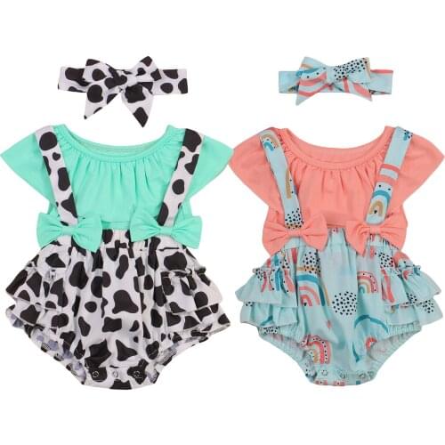 2021-05-06Lioraitiin 3Pcs Set Infant Baby GIrl Sleeveless T-shirt Overalls Turban Bow Decoration Rainbow Pattern Summer Clothing