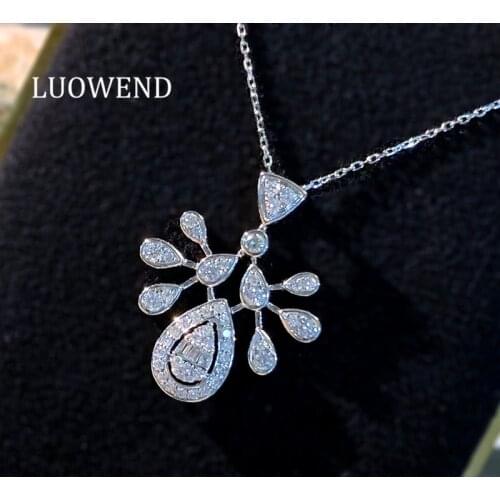LUOWEND 100% Solid 18K White Gold Necklace Chain Luxury Real Diamond Pendant Necklace Trendy Proposal Engagement Gift