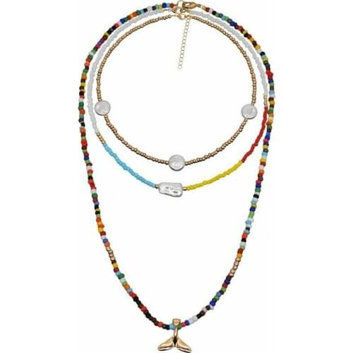 Fashion Necklace Boho Women Multi-layer Fishtail Pendant Colorful Beads Collarbone Necklace