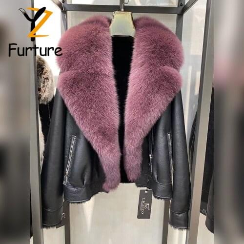 Fashion Women Coat Natural Real Fox Fur Collar With Sheepskin Leather Jacket Ladies Streetwear Luxury Coat Warm casaco feminino