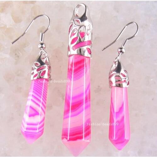 Rose red Onyx Set Hexagonal Column Bead Natural Stone Pendant Earrings Jewelry Set for Women Men Gift K1667