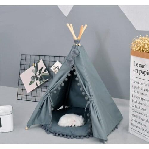 Pet Tent House Cat Bed Portable Teepee With Thick Cushion Green White Color For Dog Puppy Excursion Outdoor Indoor