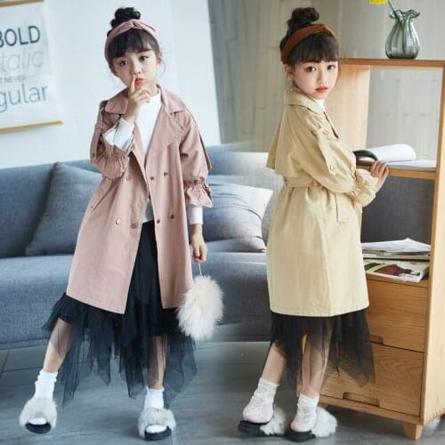 Puff Sleeve Teenage Girls Trench Coat Autumn Outwear Jacket 2019 Fall New Kids Girls Long Jackets and Coats Little Girls Clothes