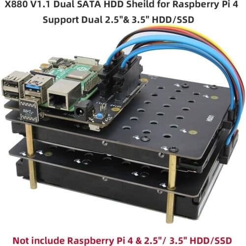 Raspberry Pi 4 model B X880 V1.1 Dual SATA Gen3 HDD Shield, 2.5"/ 3.5"SATA HDD/SSD Storage Expansion Board for Raspberry Pi4B