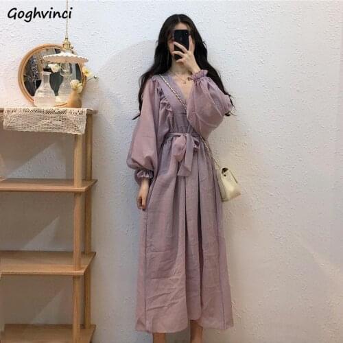 Dress Womens Long Sleeve Loose Leisure Sashes Solid Simple Elegant Retro V-neck Ankle-length Feminine Ladies New Autumn Stylish