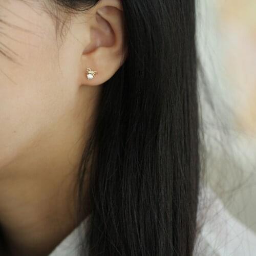 9K Real Solid Gold Stud dainty bow dangle drop Crystal Earring Jewelry Simple Minimal women gift bridesmaid bride