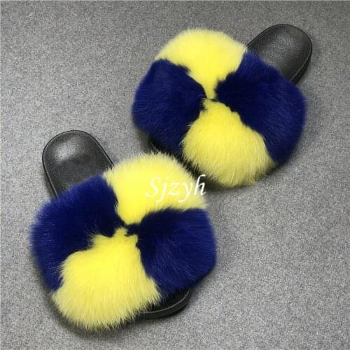 Summer Ladies Raccoon Fur Slides Womens Amazing Plush Fur Slippers Big Size Furry Shoes Female Fox Fur Flip Flops Kids Sandals