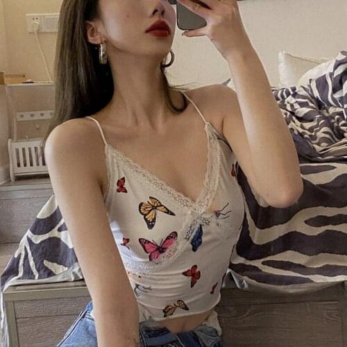 Y2K Spaghetti Strap Crop Sleeveless Slim Fit Top Summer Lace Trim Camis Tops Sweet Girls Women Butterfly Printed Clothes