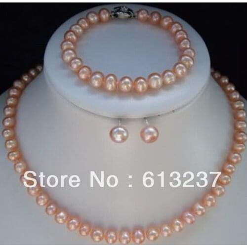 High quality pink freshwater natural round 7-8mm pearl high quality beads necklace bracelet earring jewelry sets 18 inch MY4606