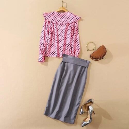 MIUXIMAO 2020 High Quality Autumn Two piece set Fashion Long Sleeve Pink Dot Blouse+ Dress Office Lady Suit Women