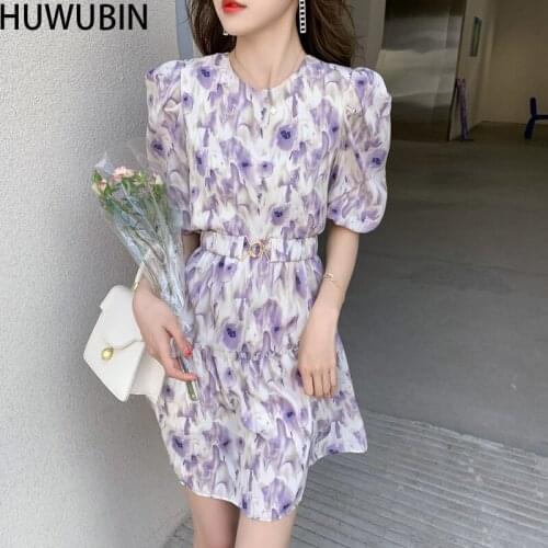 2021 Summer New Womens t Table French Retro Round Neck Pile sleeve Floral Chiffon Shirt Short Sleeve Fashion Dress With Delt