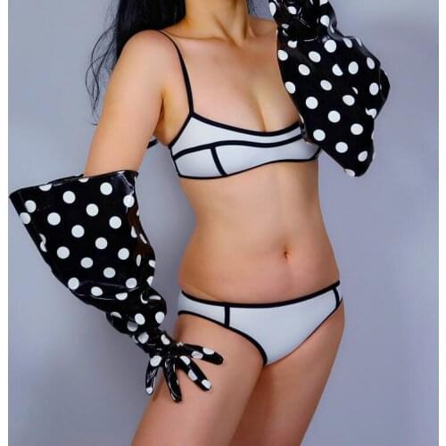 Womens runway fashion white dot black leather glove ladys club performance formal party leather long wide glove 70cm R3035