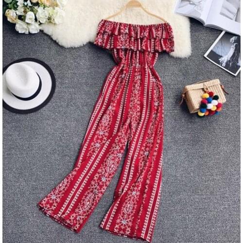 Womens elastic slash neck print Playsuits Ladys Vintage Spring Summer Wide leg pants overall Jumpsuits TB1036