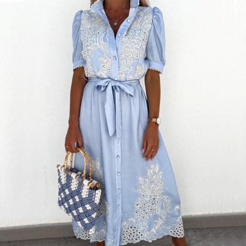 Elegant hollow out lace embroidery long shirt dress Summer casual short sleeve button up maxi dress with sashes vestidos mujer