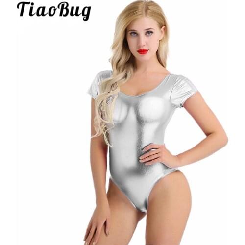 TiaoBug Women Shiny Patent Leather Short Sleeve Ballet Dance Leotard Sport Bodysuit Ballerina Dancewear Adult Gymnastics Leotard