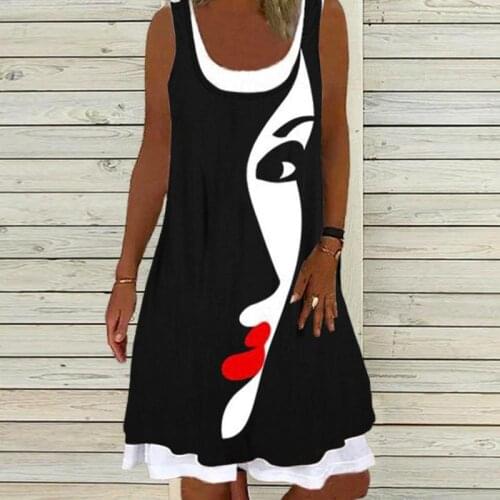 Womens Fashion Loose Casual Abstract Printing Dress Round Neck Sleeveless Plus Size Fake Two-piece Summer Dresses Sundress