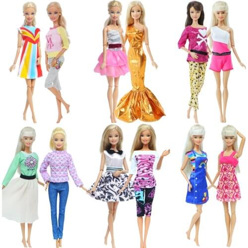 Handmade 2 Pcs / Set Doll Outfit Casual Daily Wear Twins Dress T-shirt Pants Skirt Pink Clothes for Barbie Doll Accessories Toy