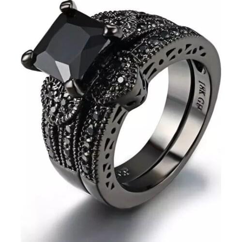 2Pcs/set Women Ring Black Crystal Heart Zircon Engagement Wedding Rings Jewelry Valentine Day Gift Couple Rings