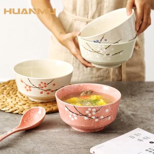 7 Inch Japanese Ramen Bowl Soup Ceramic Noodle Bowl Plum Underglaze Design Large Soup Bowl Restaurant Household Retro Dinnerware