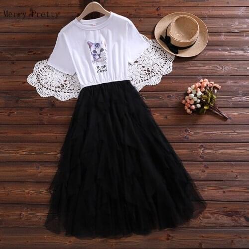 White Women A-line Dresses Mesh Patchwork Mori Girl Summer 2020 Sweet Cartoon Cat Print Dress Plus Size S-2xl Dress Sundress