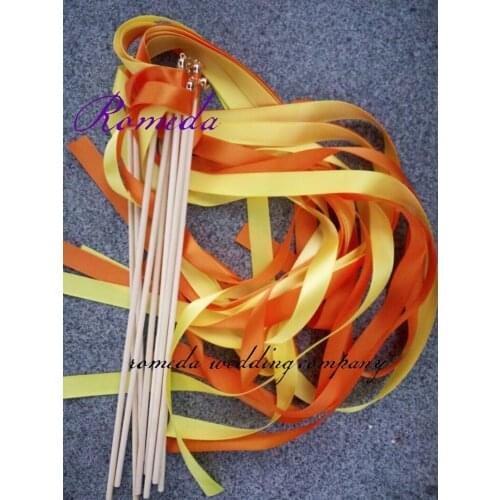 FREE SHIPPING--(50Pieces/Lot)Style A orange and yellow with gold bell Wedding Ribbon Stick,ribbon Twirling Streamers