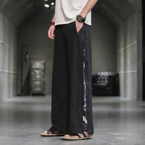 New Patchwork Cotton Linen Pants Mens Summer 2021 Chinese Style Loose Pants Male Wide Leg Pants Oversized Woman Baggy Pants 5XL