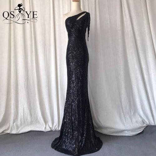 Sequin Black Evening Dresses One Shoulder Mermaid Prom Gown Beading Straps Party Bridesmaid Dress Fitted Straight Vestido Keyhol