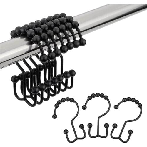HOT SALE Shower Curtain Hook, Stainless Steel Shower Curtain Ring, Double Slide Rail Shower Hook for Bathroom, Set of 12-Black