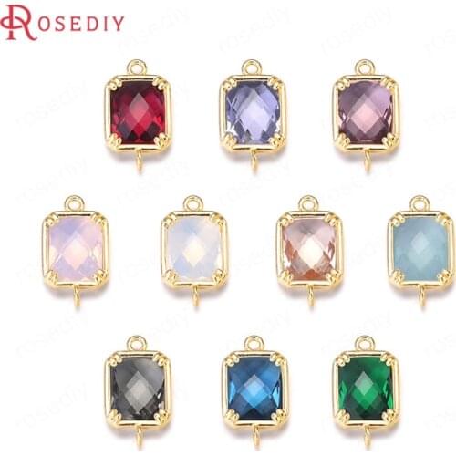 4PCS 9x16MM 24K Champagne Gold Color Plated Brass with Rectangle Colourful Glass Beads 2 holes Connect Charms Accessories