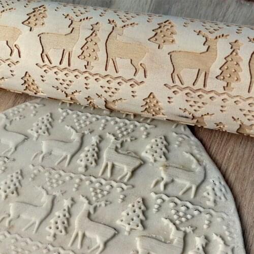 Christmas Embossed Rolling Pin Wood Carved Cookies Biscuit Printed Roller Gifts