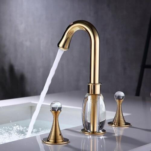 Basin Faucets Brass Polished Gold Deck Mounted Square Bathroom Sink 3 Hole Double Handle Hot And Cold Water TapDG20-0727
