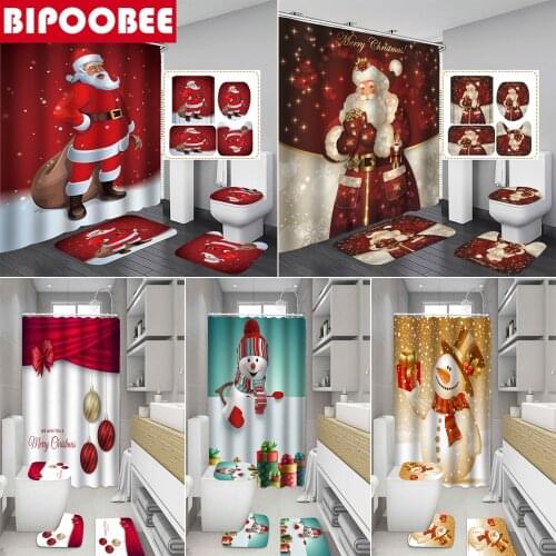Snowman Santa Claus Elk Bell Print Fabric Shower Curtain Holiday Party Home Decor Merry Christmas Toilet Cover Bathroom Mat Set
