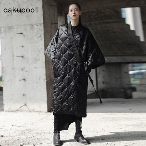 Cakucool New Winter Jacket Women Parka Japanese Kimono Designer Belt Black X Long Parkas Cotton Femme Plus Size Casaco Feminino