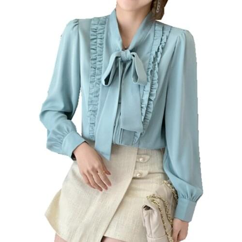 Fashion women Spring Autumn ribbon tied Solid color Ruffles V-Neck career elegant full sleeve office lady Chiffon shirts tops