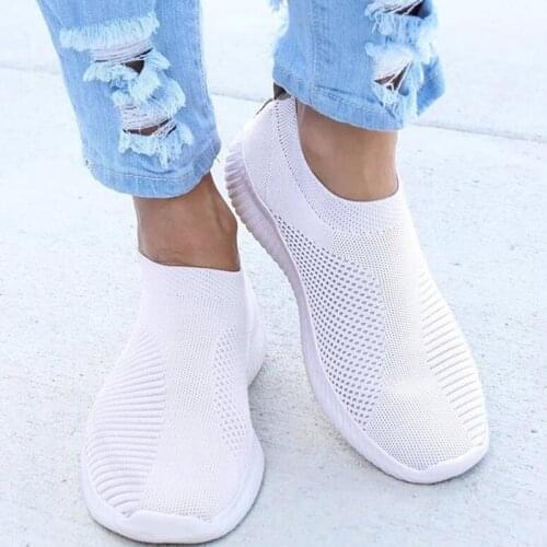 Womens Sneakers Flat Knitting Autumn Mesh Shoes 2019 New Plus Size Female Vulcanized Ladies Slip On Breathable Casual Footwear