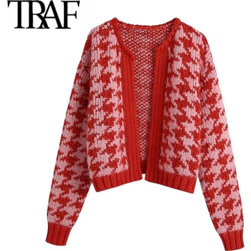TRAF Women Fashion Houndstooth Crop Open Knit Cardigan Sweater Vintage O Neck Long Sleeve Female Outerwear Chic Tops