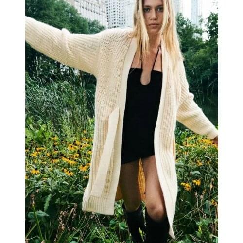 2021 Za Bow Knit Long Cardigan Womens Beige Oversized Sweater Coat Autumn Fashion Long Sleeve Lace Up Sweater