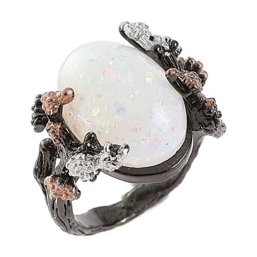 Beautiful Tree & Flower Jewelry Black Gold Color Romantic CZ Big Stone Acrylic Fire Opal Rings for Women Bands Statement Anel